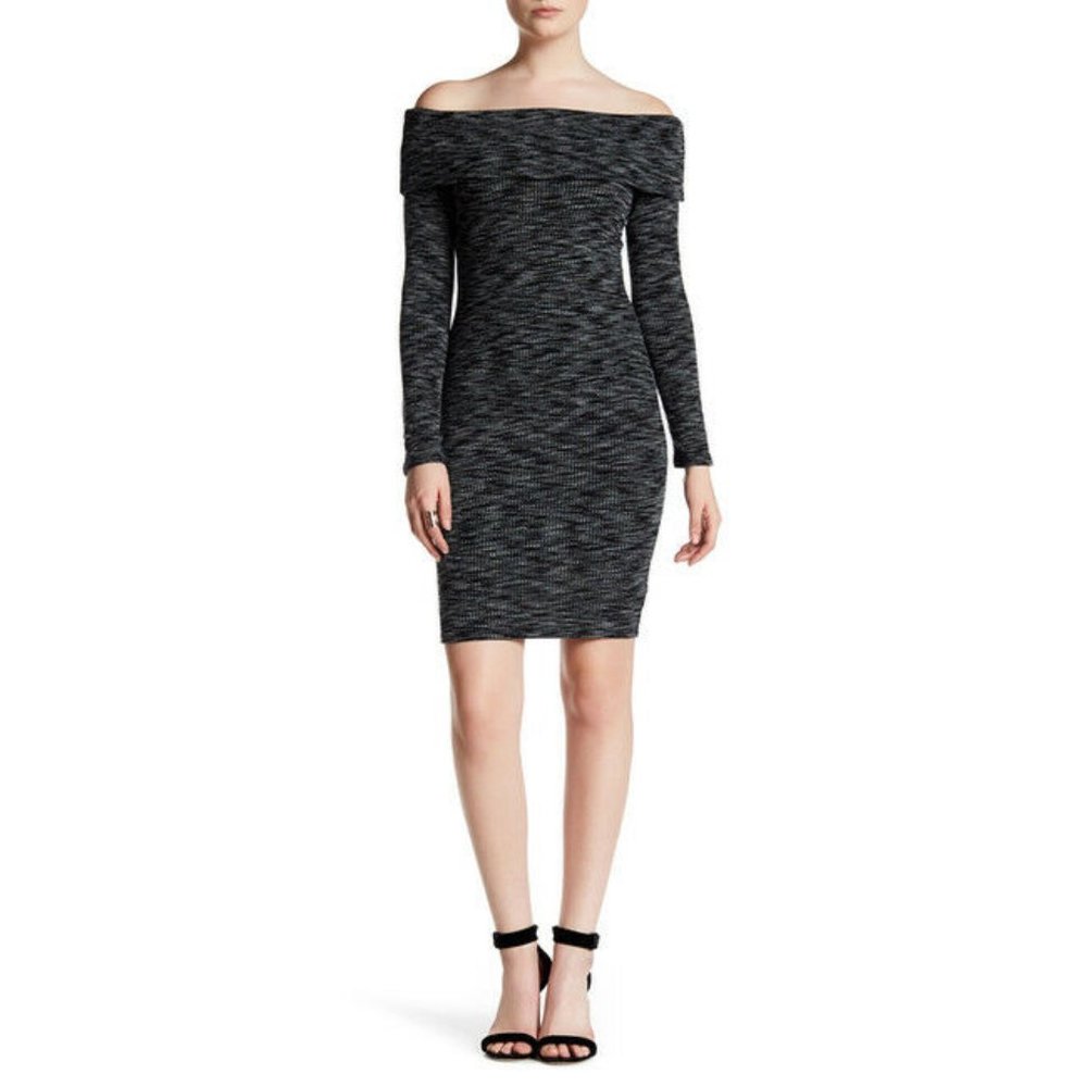 Ribbed Large Knit Dress Space Dye Stretch Long Sleeve Off Shoulder Soprano New
